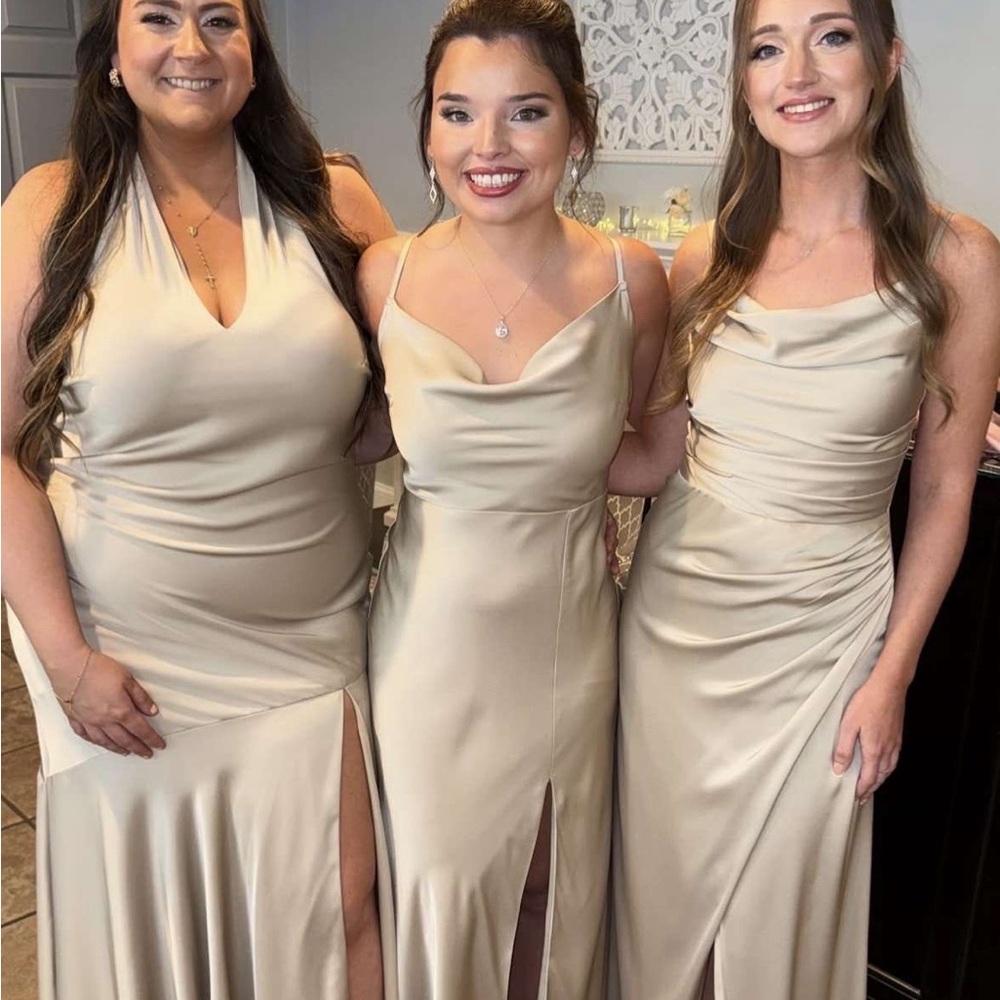 Birdy Grey Lisa Long Matte Satin Neutral Champagne Dress